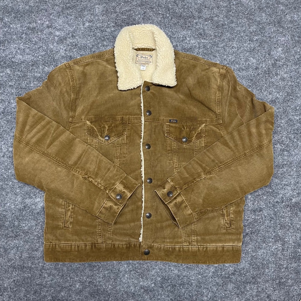 Polo Ralph Lauren Jacket Men Large Tan Brown Khaki Corduroy Trucker Sherpa Lined